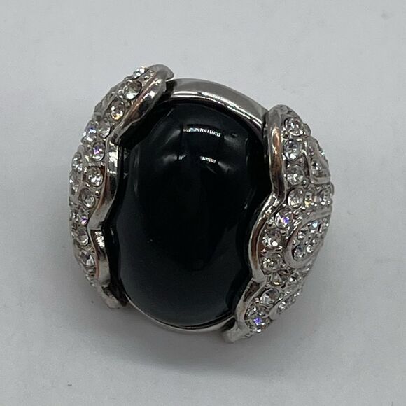 Faux Black Onyx with Rhinestones accent on Silver-tone - Picture 2 of 4